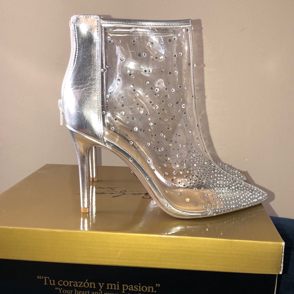INC silver clear rhinestone booties